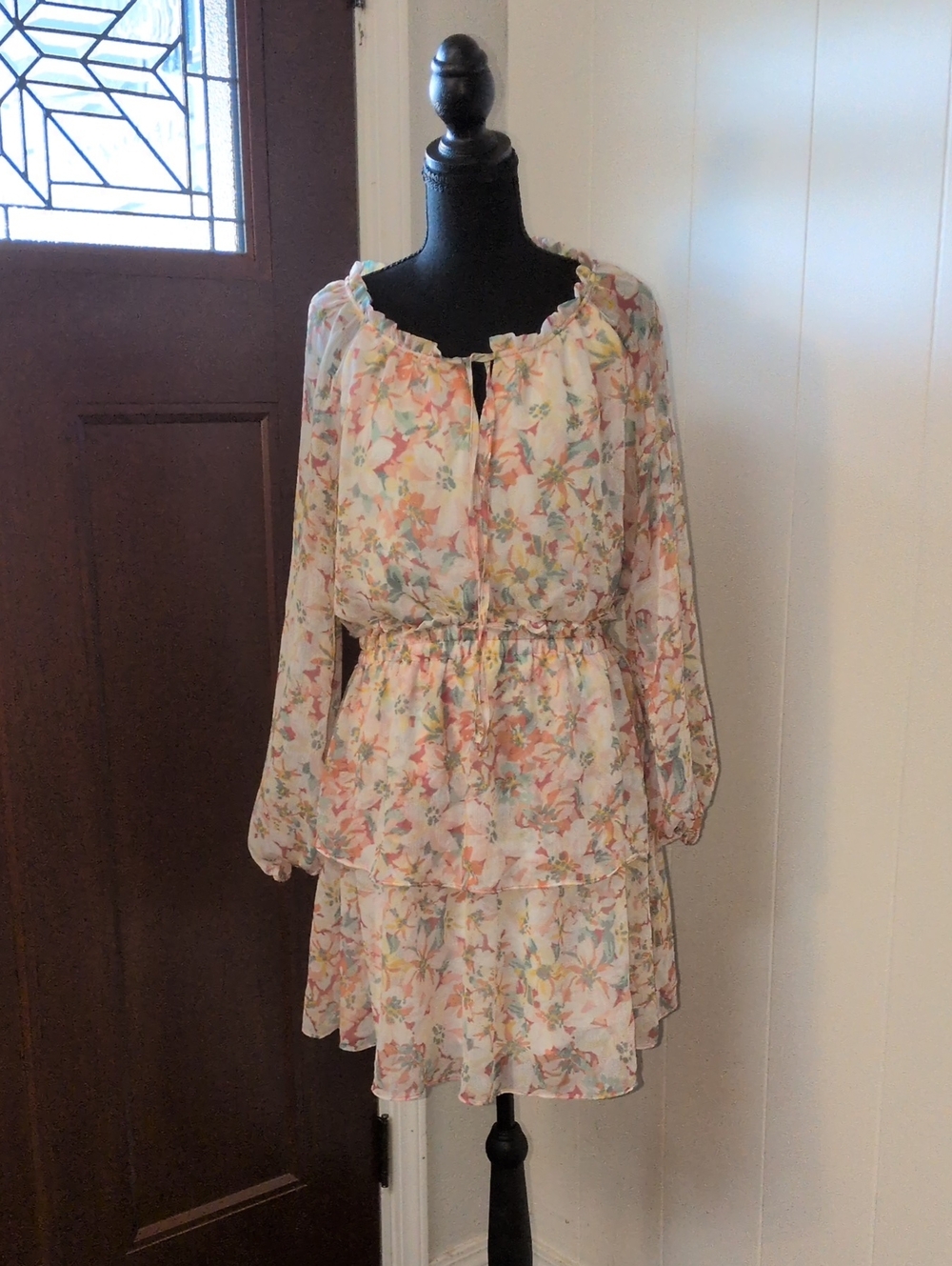 "LC Lauren Conrad" Floral Tiered Long-Sleeve Peasant Dress - Pink & Cream Size M